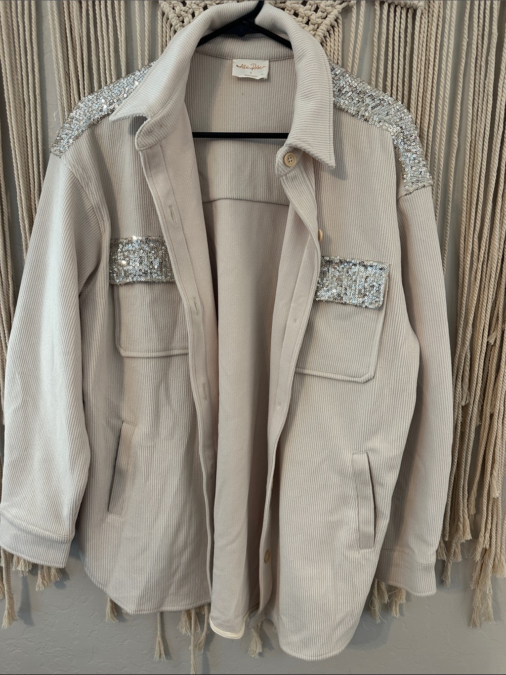 Sequin-Shoulder Beige Shacket